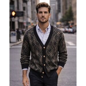 Cortina Italia Men's Black Tan Wool Blend Button Cardigan Large L Made In Italy